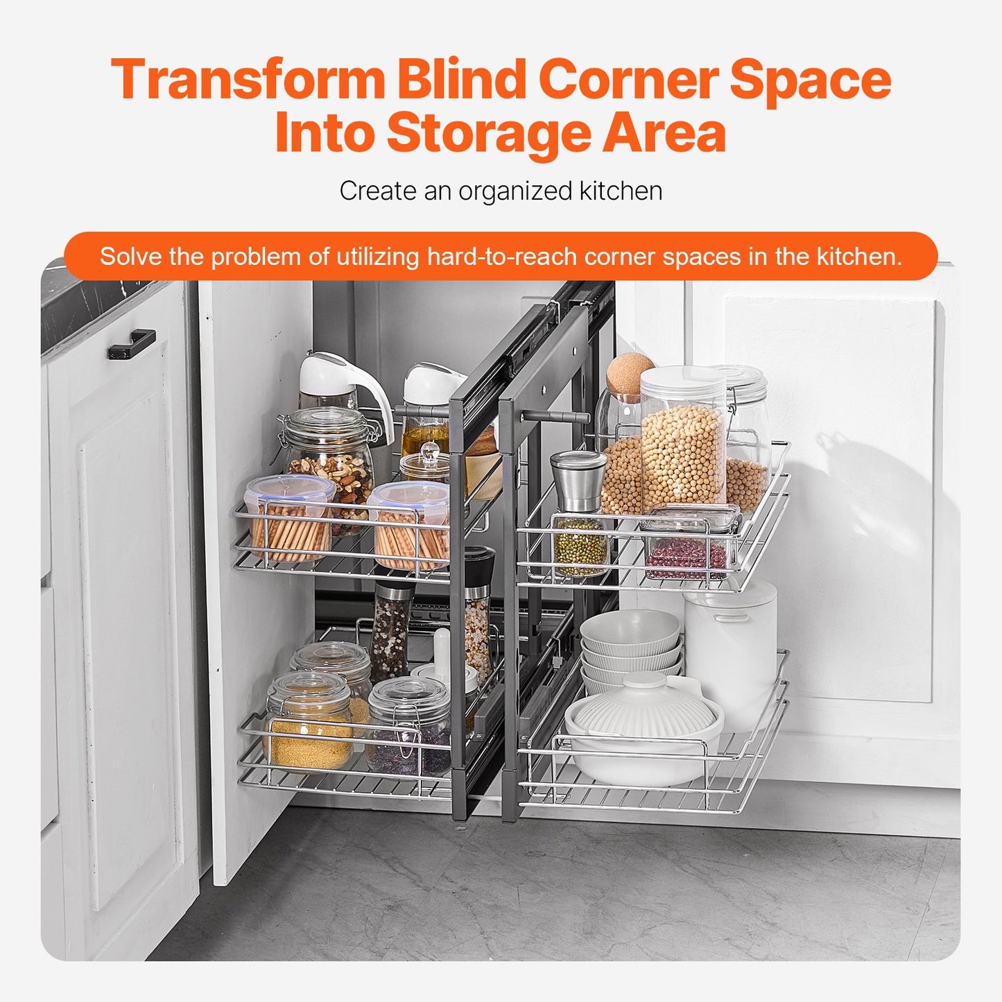 2-Tier 4-Shelf Blind Corner Pull-Out Organizer – Chrome Kitchen Cabinet Basket