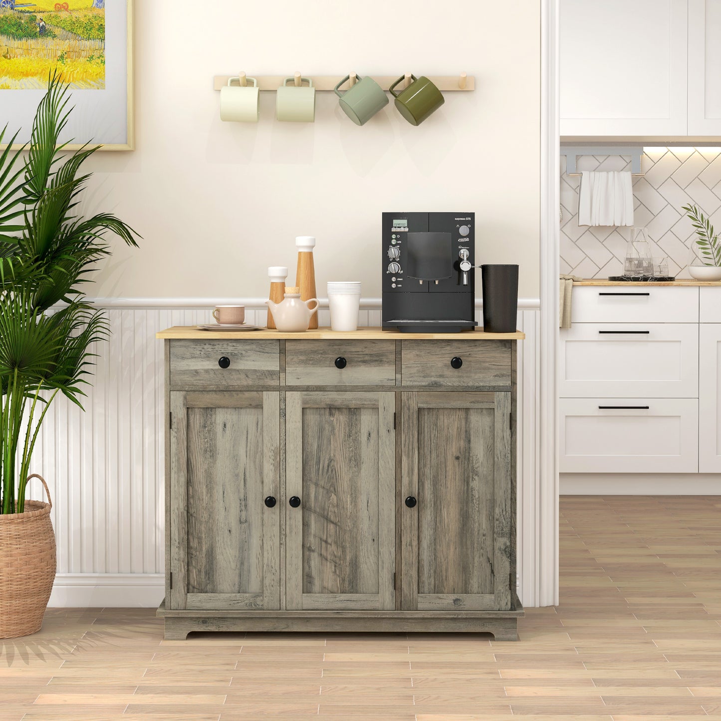 Rustic Modern Kitchen Sideboard Cabinet – Black Wood Grain