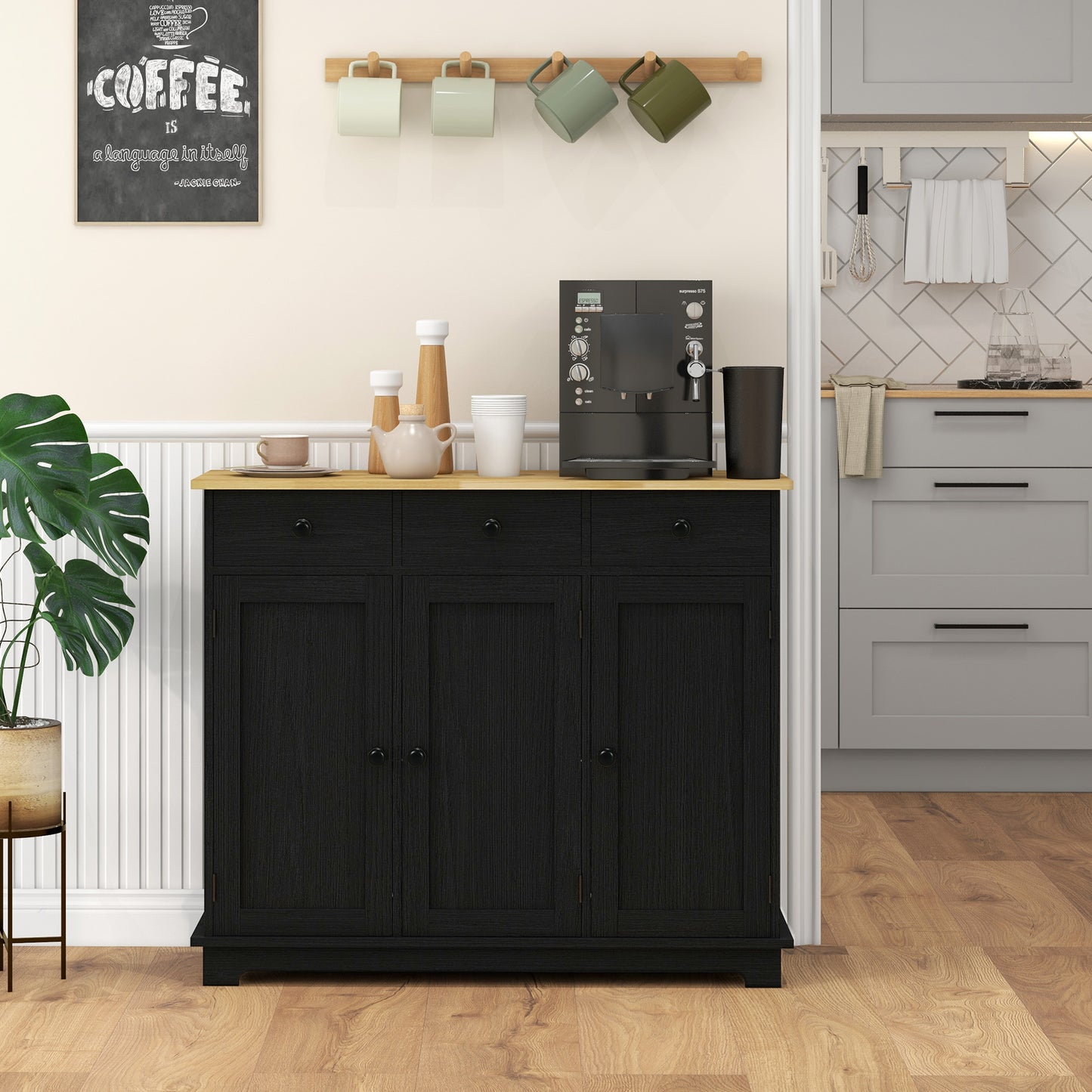 Rustic Modern Kitchen Sideboard Cabinet – Black Wood Grain
