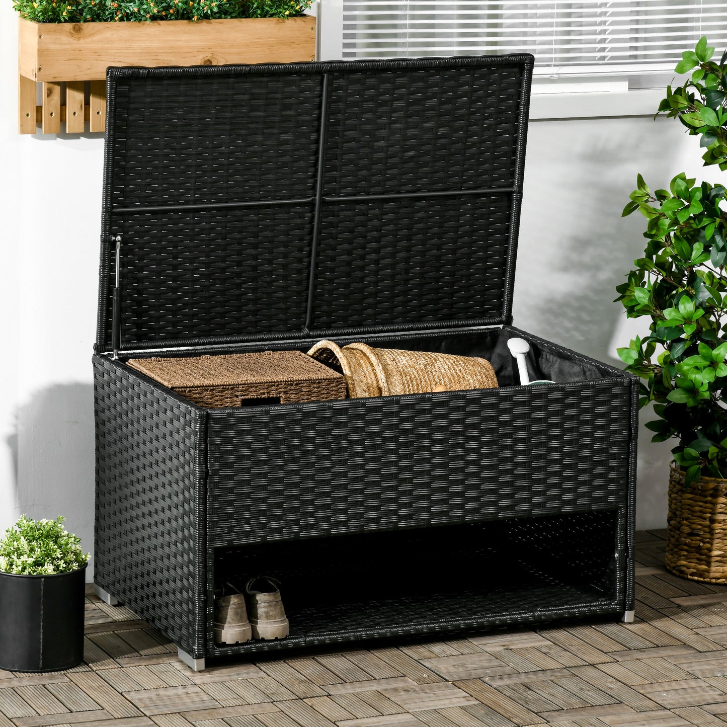 Nordhavn™ Outdoor Rattan Deck Box & Shoe Storage Bench – Black Wicker