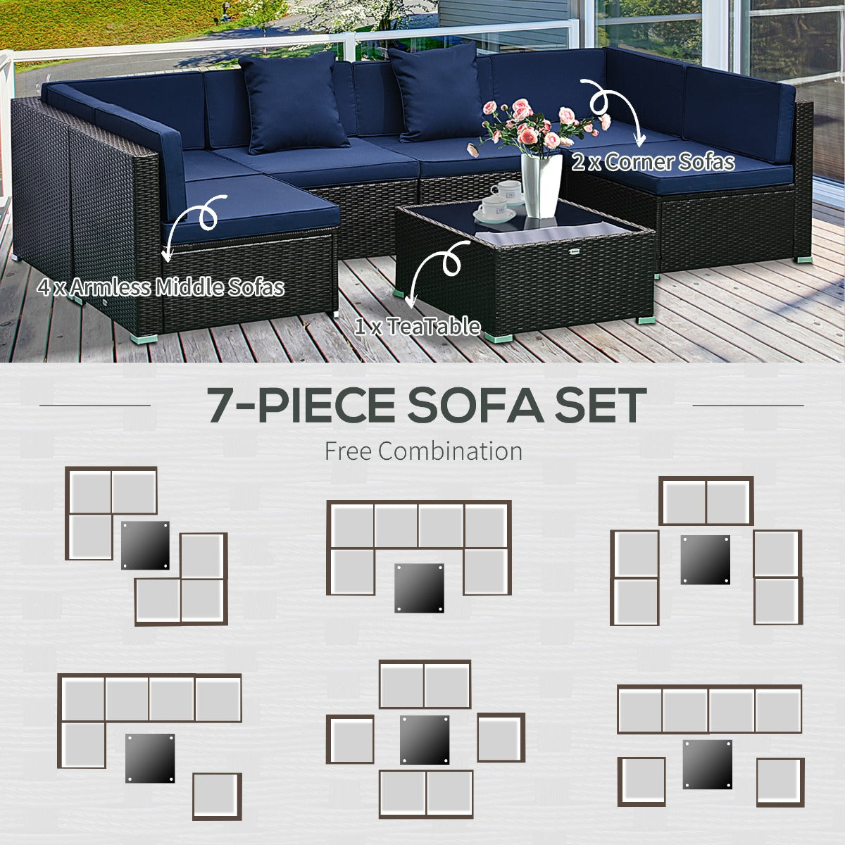 FjordHaven 7-Piece Deep Blue Modular Rattan Conversation Set