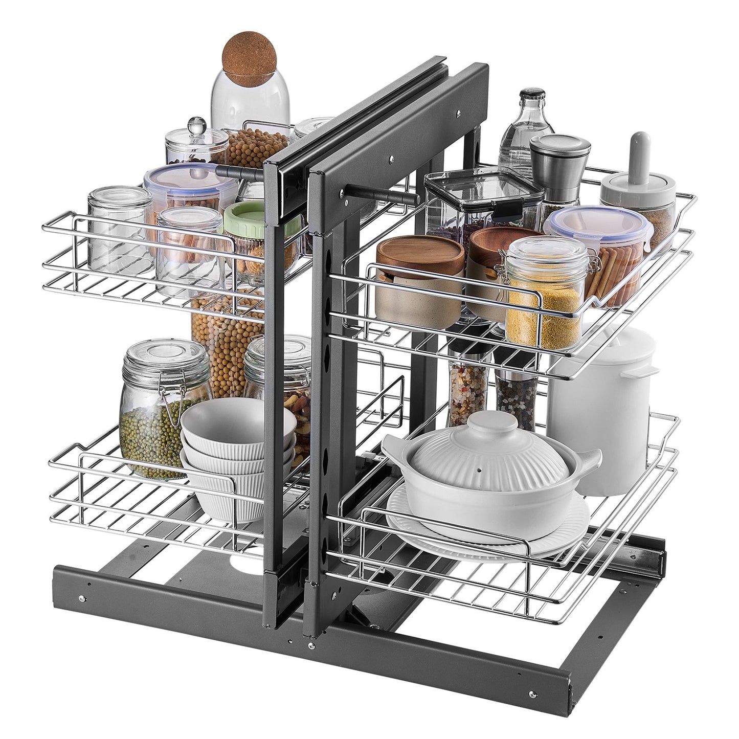 2-Tier 4-Shelf Blind Corner Pull-Out Organizer – Chrome Kitchen Cabinet Basket