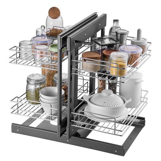 2-Tier 4-Shelf Blind Corner Pull-Out Organizer – Chrome Kitchen Cabinet Basket