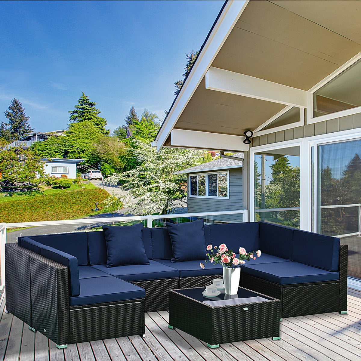 FjordHaven 7-Piece Deep Blue Modular Rattan Conversation Set